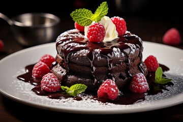 Chocolate ice brownie with raspberries mint leaf galore gourmet vanilla ice generative ai