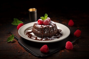 whipped cream chocolate and raspberries mint leaf galore gourmet wooden table  generative ai