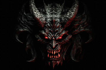 Black Demon with horns and red fire eyes. Fantasy monster. Head of The Fire Demon. Lord of Hell. Generative ai illustration of angry demon on black background