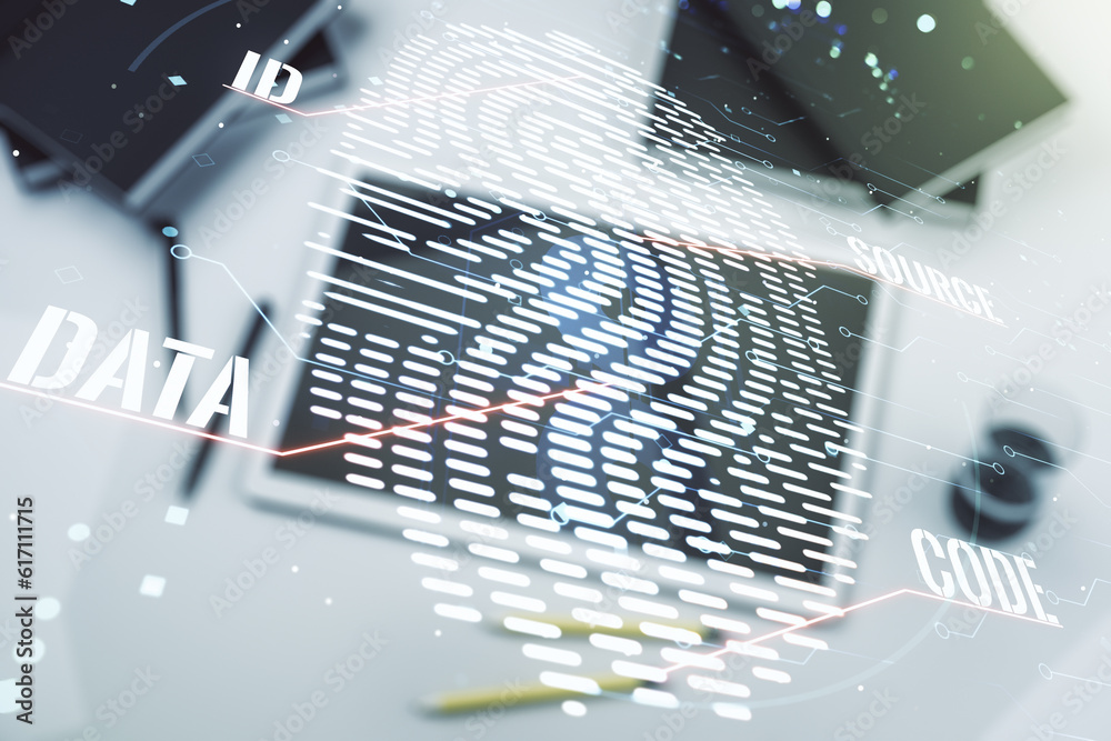 Aufkleber Multi exposure of abstract fingerprint scan interface and modern digital tablet on background, digital access concept