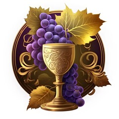 a round logo with a grape cluster gold coins and a goblet 