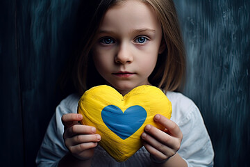 Little girl holding heart in her hands. Freedom and love for Ukraine. Generative Ai