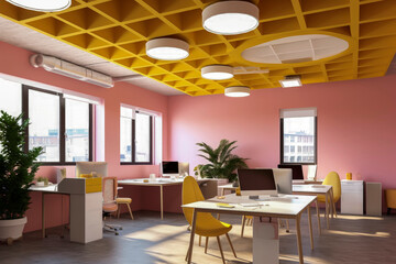 Generative AI illustration of interior design of modern workspace with stylish box ceiling and wooden tables with chairs and potted plants indoors