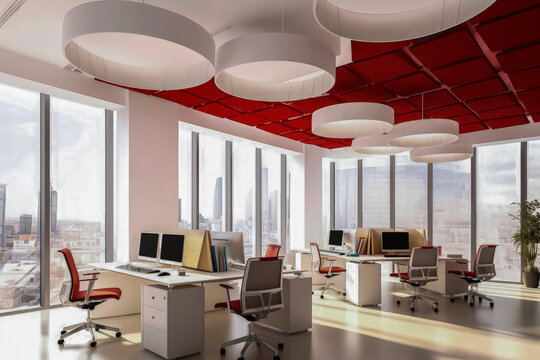 Generative AI illustration of interior of modern office with glass walls and stylish ceiling with computers on tables and chairs in city at daylight