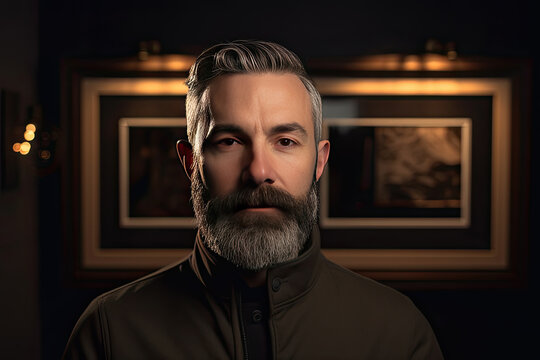Generative AI image of bearded adult male with warm jacket looking at camera while standing in dark room with photo frame on wall with blurred lights