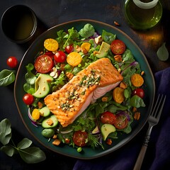 A vibrant and mouthwatering salad featuring fresh vegetables and succulent salmon captured in stunning detail and ultrarealistic color The focal point of the image is a perfectly cooked fillet of 