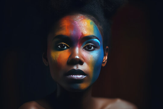 Generative AI illustration of portrait of young African shirtless female with bright painted face and makeup looking at camera against dark background