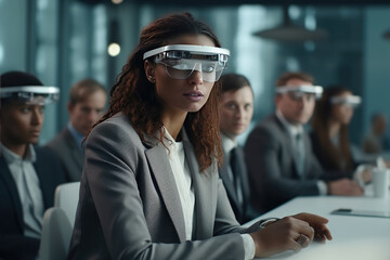 Generative AI illustration of african american businesswoman wearing suit and futuristic eyeglasses sitting at table with colleagues on conference