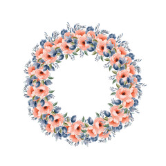 Vector flowers frame. Beautiful wreath. Elegant floral collection with isolated blue,peach leaves and flowers, hand drawn watercolor. Design for invitation, wedding or greeting cards