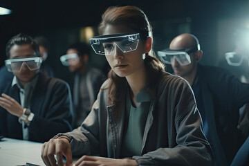 Generative AI illustration of concentrated businesswoman wearing casual clothes and futuristic eyeglasses sitting at table and working near colleagues