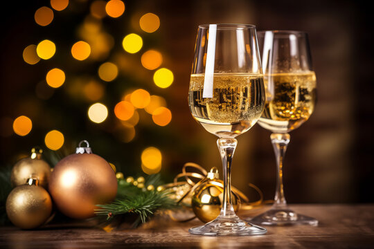 Champagne glass on wooden table and Christmas illumination on background. Generative ai illustration of celebrating Christmas and New Year