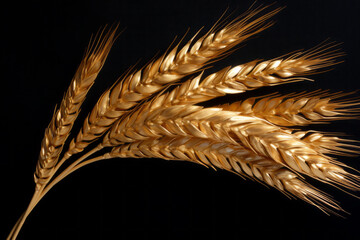 Fototapeta premium Watercolor Wheat ears on black background. Generative ai illustration of gold wheat ear