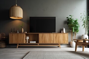 Japanese style wooden cabinet in a contemporary living room with a white wall background. Generative AI