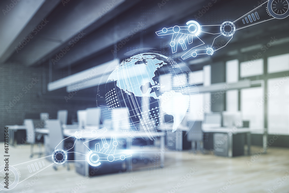 Aufkleber abstract virtual robotics technology hologram with globe sketch on a modern furnished office backgro