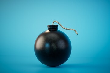 An old round black bomb on a blue background. 3D render - obrazy, fototapety, plakaty