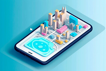 Generative AI illustration of City map isometric route navigation online on smartphone