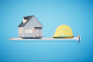 The concept of building a house. house and protective construction helmet on a blue background. 3D render