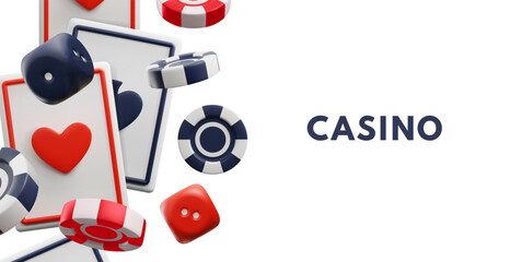 Casino banner with space for text and 3d elements, vector illustration on white background.