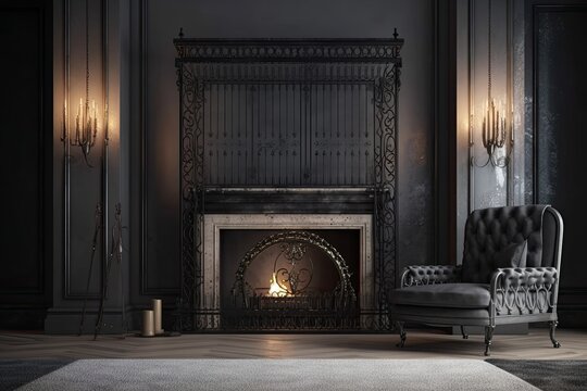 Iron gate covering the fireplace. Generative AI