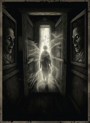 Scary ghost monsters in wall and silhouette in corridor of spooky house for paranormal poster. Frightening creepy Halloween. Generative AI