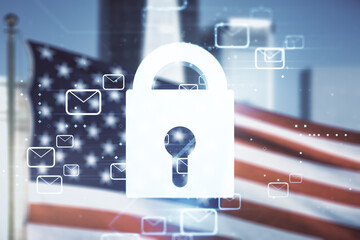 Abstract virtual lock illustration with postal envelopes on US flag and skyline background, cyber security and email protection concept. Multiexposure