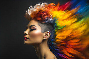 Generative AI illustration of side view of calm female fashion model with closed eyes with makeup and colorful extravagant hairstyle smiling