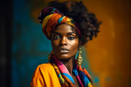 Generative AI illustration of headshot of black female fashion model with dark Afro hair in colorful headwear silk scarf looking at camera