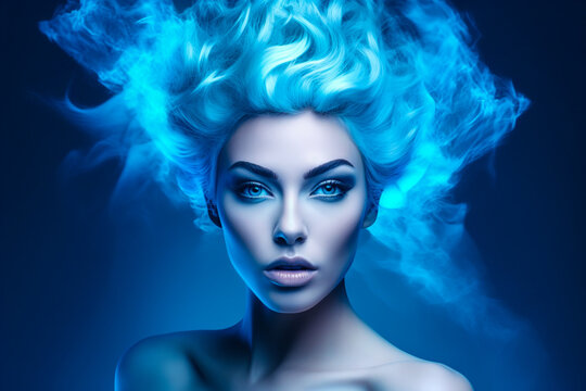 Generative AI illustration of portrait of female fashion model with blue hair and makeup against dark blue background in neon blue light and smoke