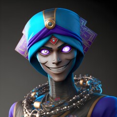 young robot man with blue eyes a friendly grin wearing a yugioh inspired turban In the style of marvel studios 3D unreal engine 5 octane render raytrace ultra detailed beautiful lighting soft 
