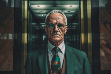 Generative AI illustration of portrait of mature businessman in elegant suit looking at camera while standing near illuminated elevator