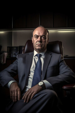 Generative AI image of mature male executive in elegant suit looking at camera while sitting in armchair in room with cabinets and dim illumination