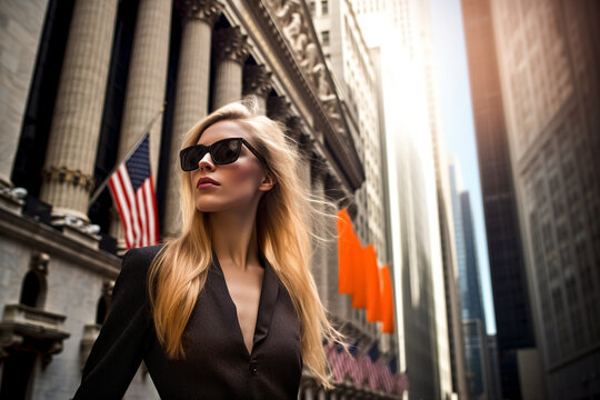 Generative AI image of low angle of young female blonde in sunglasses looking away while standing on city street against blurred buildings in daylight