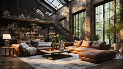 Obraz na płótnie Canvas Living room Interior In Loft industrial style 3d, Mockups Design 3D, HD