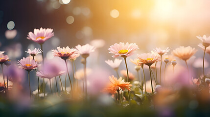 a field of flowers with the sun shining in the background