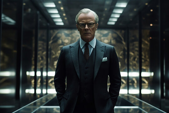 Generative AI image of mature male executive of glasses in elegant suit looking at camera while standing with hands in pockets against glass walls