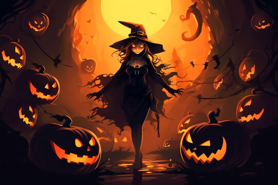 A crowd of carved pumpkins and Halloween shepherd walking at night, Halloween concept. Generative ai Illustration oil painting of Halloween celebrating.