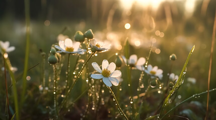 Little white daisies in a field in the morning, generative AI.