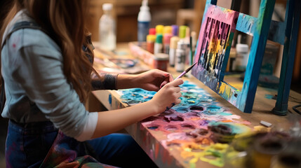 Fototapeta premium Individual engrossed in painting a piece of furniture, capturing the essence of DIY projects.