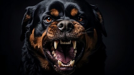 large Aggressive Rottweiler dog. aggressive look, hate filled eyes angry looking Rottweiler. Rottweiler barking on black dark background. Generative AI - obrazy, fototapety, plakaty