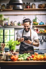 Smiling, handsome bearded chef with tattoo, wearing apron, holding a tablet. Bright kitchen - Generative AI