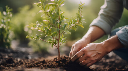 Fototapeta premium From a side view, a person is captured nurturing a young tree into the earth, highlighting the essence of environmental stewardship.