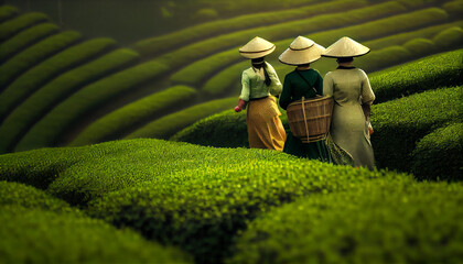 Women in asia pick tea on green plantation terraces Ai generated image - obrazy, fototapety, plakaty