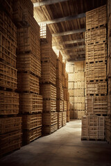 rows of wooden crates and pallets for storing and transporting goods in the warehouse. generative ai, ai, generative