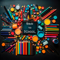 Back to school concept. Blackboard surrounded by school supplies, colors and paints. Generative ai.