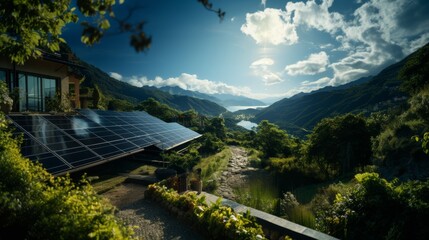 Fototapeta premium Renewable Riverfront Retreat: A Solar-Powered Haven in the Heart of the Forest