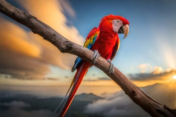 macaw on the branch in the sunset generated AI