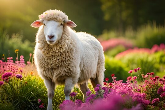 sheep in a field of flowers generated AI