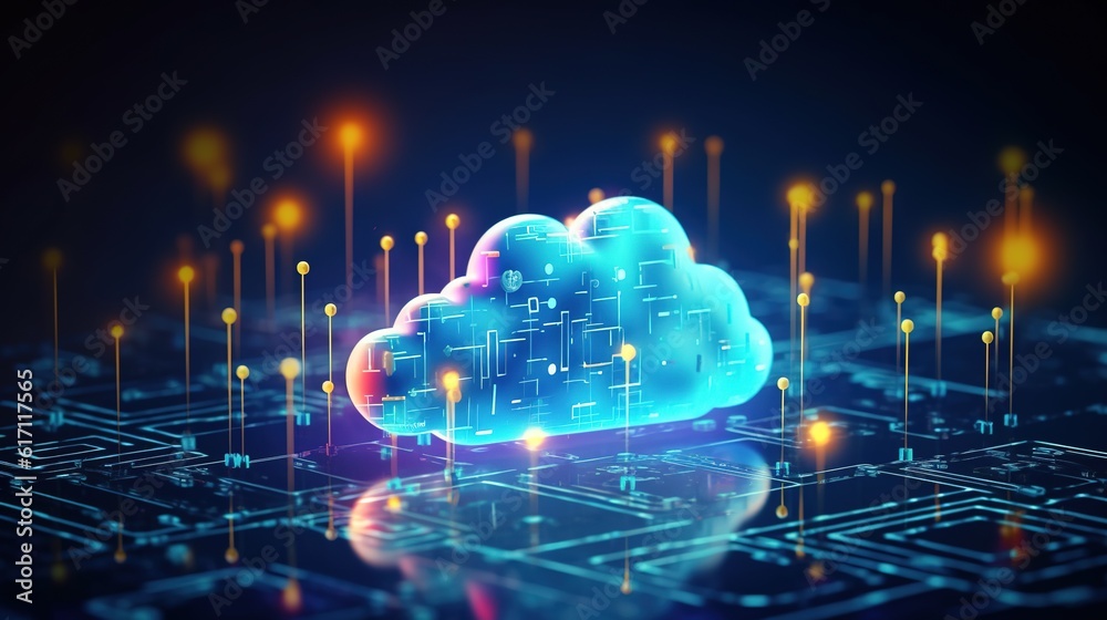 Poster blue circuit board background. cloud network solution digital background. generative ai