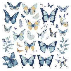 Watercolor colorful butterflies, isolated on white background. blue, yellow, pink and red butterfly spring illustration.