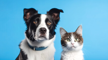 Cat and dog together on blue background, generative AI.